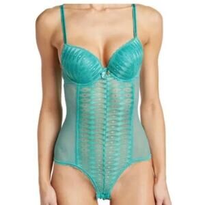 Daisy Fuentes Womens Teal Lingerie Push Up Teddy Bodysuit Mesh Lace NEW Medium